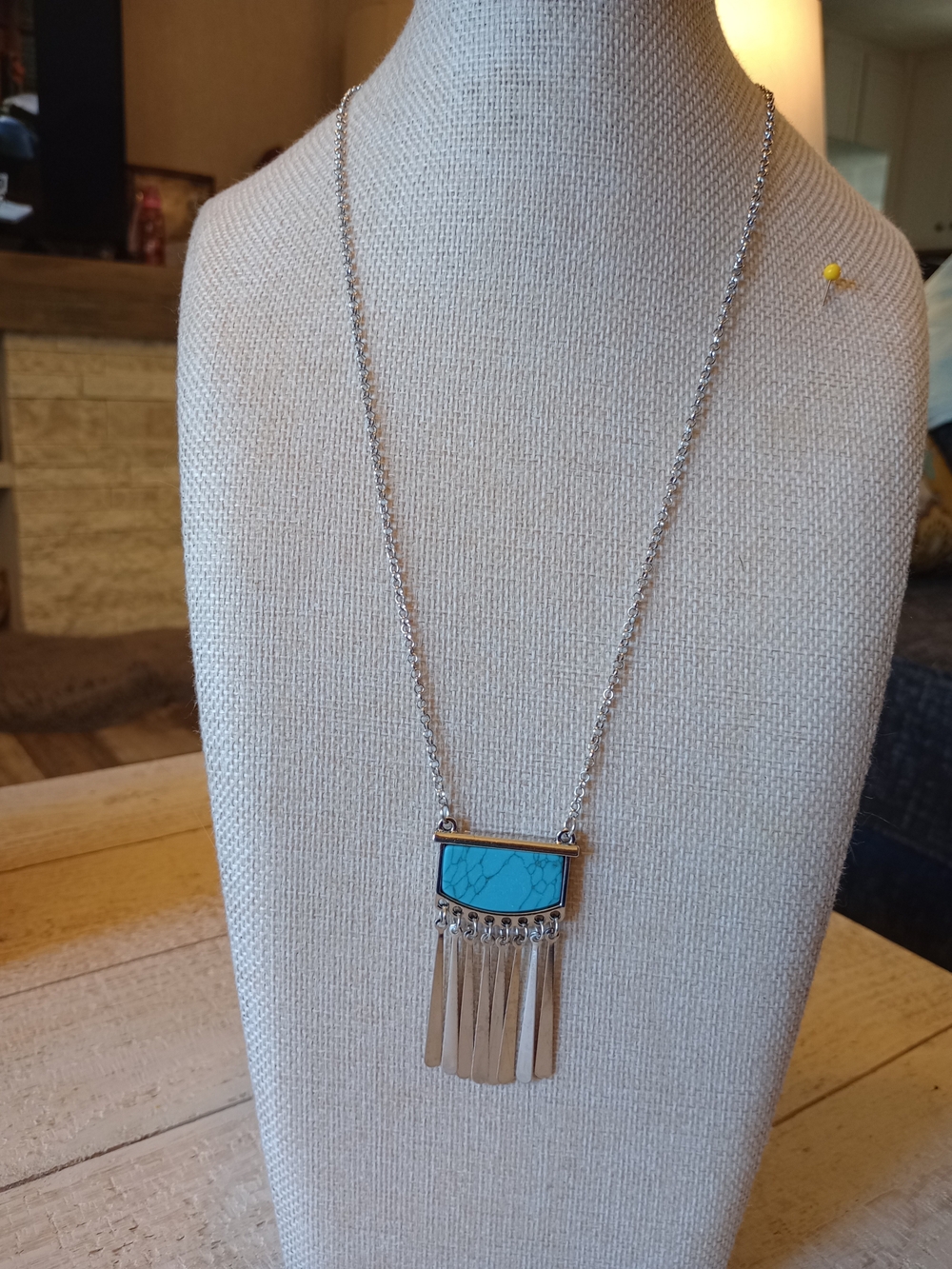 paparazzi Silver-Tone Necklace with Turquoise Stone and Fringe